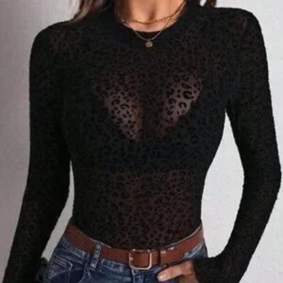 Tops - Black Sexy Women's Elegant Mesh Leopard Long Sleeve Top